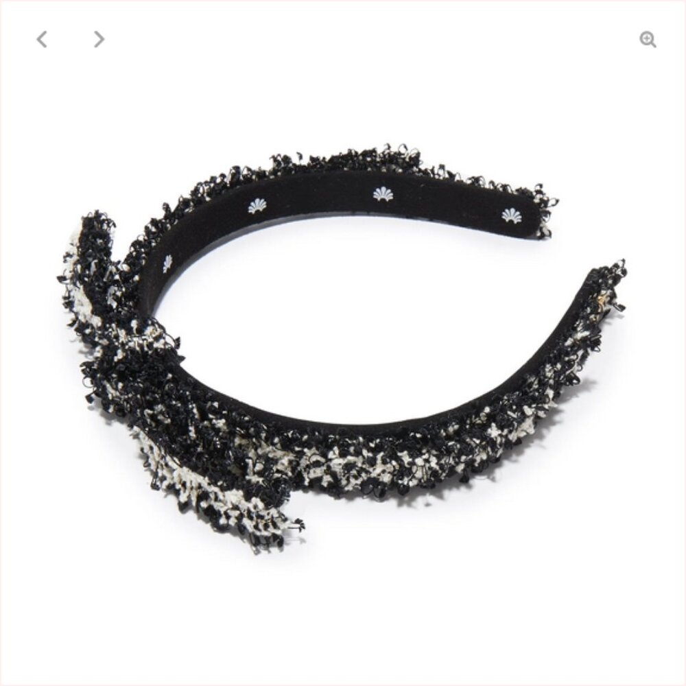 Lele Sadoughi Tweed Bardot Ribbon Headband Slim in Jet NWT